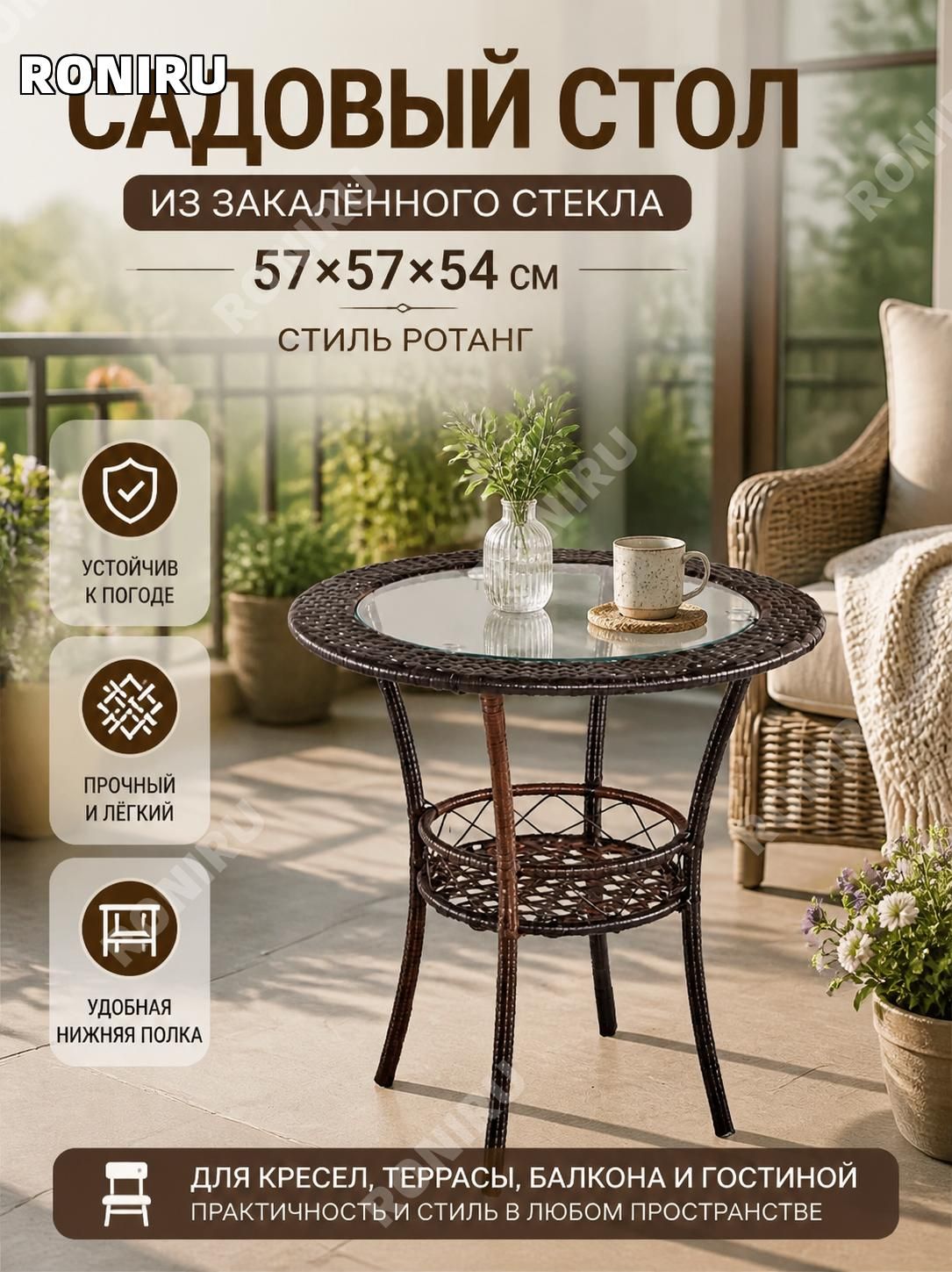 Садовый стол, Закаленное стекло 57х57х54 см, темно-коричневый, ширина 57 см, высота 54 см, одна упаковка