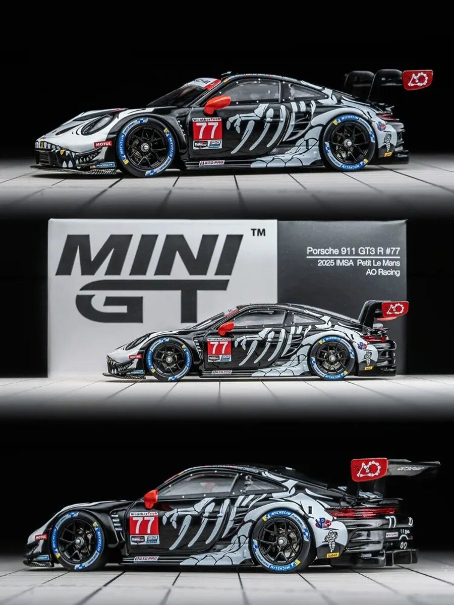 Машинка металлическая модель MINI GT 1:64 #1143 Porsche 911 GT3 R #77 AO Racing 2025 IMSA Petit Le Mans