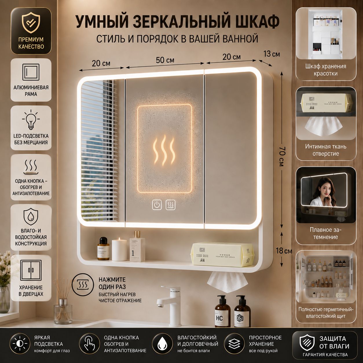 Умный Зеркальный Шкаф из Алюминия (Высота 88 см) - LED Подсветка, Подогрев, Открытая Полка,88,90, слоновая кость