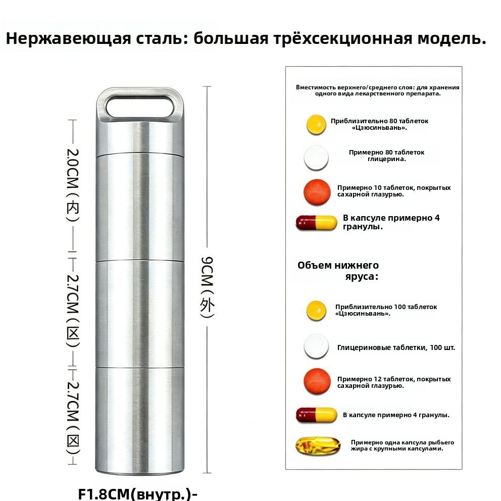 Многоуровневая таблетница из нержавеющей стали — мини-контейнер для таблеток, герметичный влагозащитный отсек, 2-3 секции с винтовым соединением, портативная капсула для путешествий