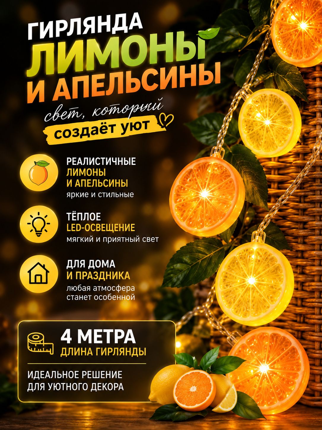 Гирлянда интерьерная Лимон-Апельсин / Электрогирлянда нить фигурная, 4 м