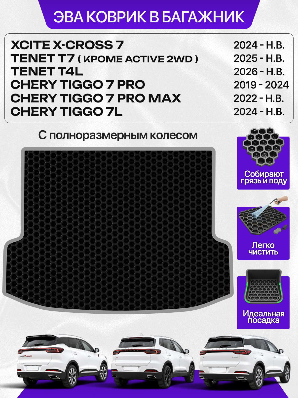 Эва коврик в багажник для XCITE X-CROSS 7, Chery Tiggo 7 Pro / 7 Pro Max, Chery Tiggo 7L, Tenet T7( кроме Active 2WD), TENET T4L (с полноразмерным колесом), с серым кантом ( Икссайт Икс 7, Тенет Т4Л / T7 , Черри Тигго 7 Про / 7 Про Макс / 7л )