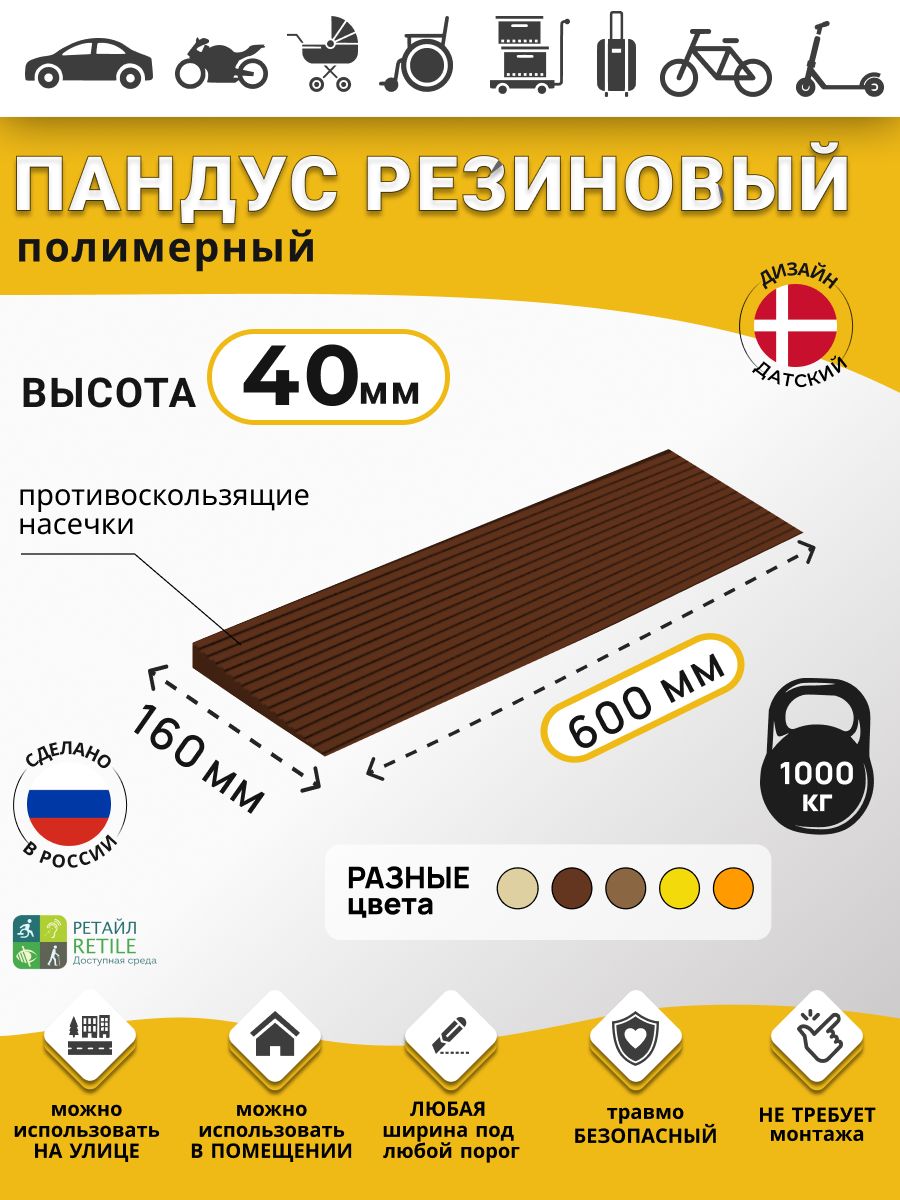 Пандус резиновый рубеж для порогов высотой 4 см (40х600х160 мм), темно-коричневый, для колясок, склада и автомобилей