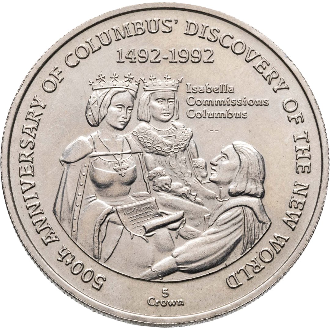 Тёркс и Кайкос 5 крон crown 1991 "500 лет открытию Америки", Мельхиор медь-никель, в сохранности BUNC