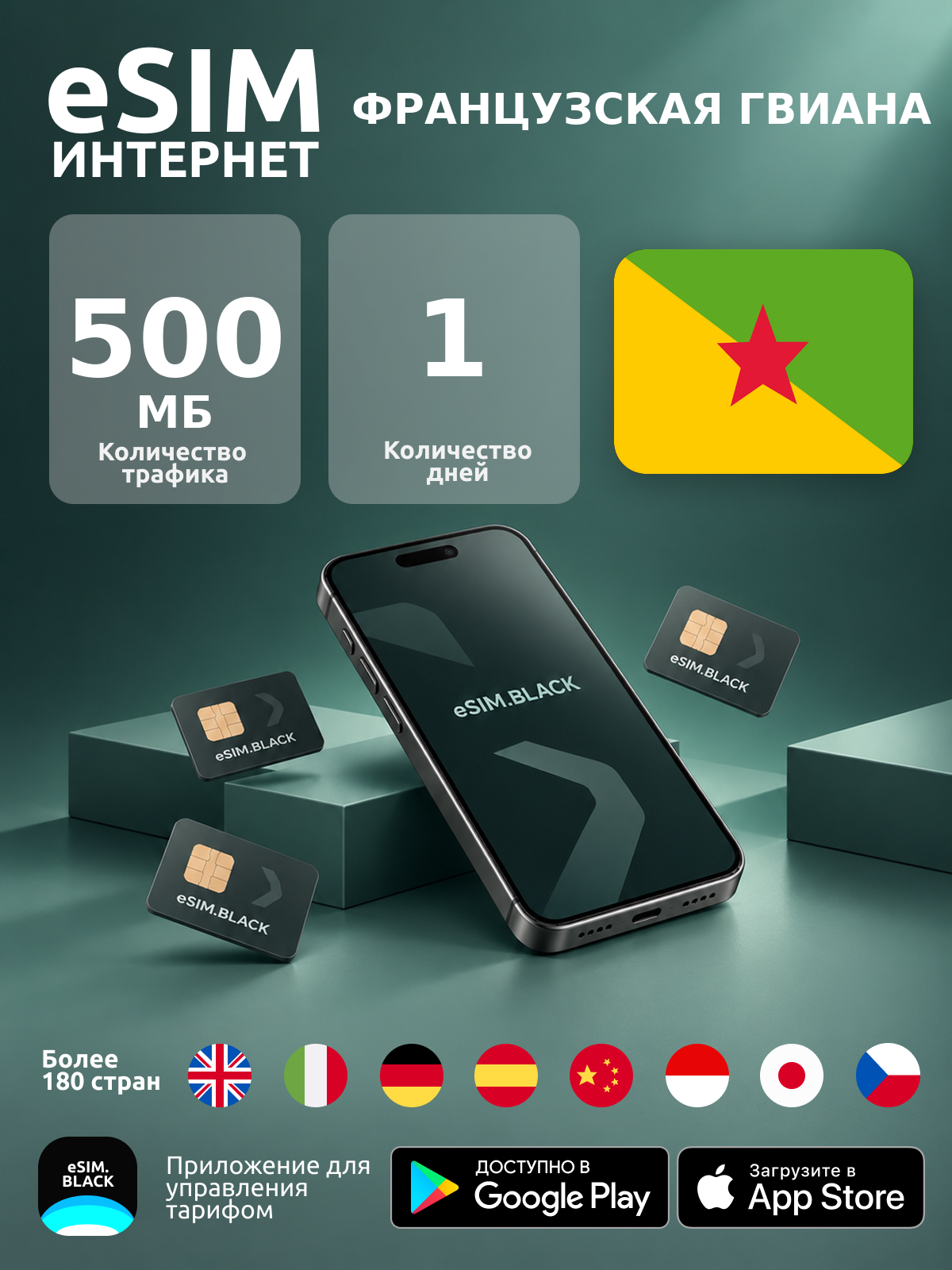 Французская Гвиана/1 день/500 МБ - eSIM для мобильного интернета ( iPhone | Android ).