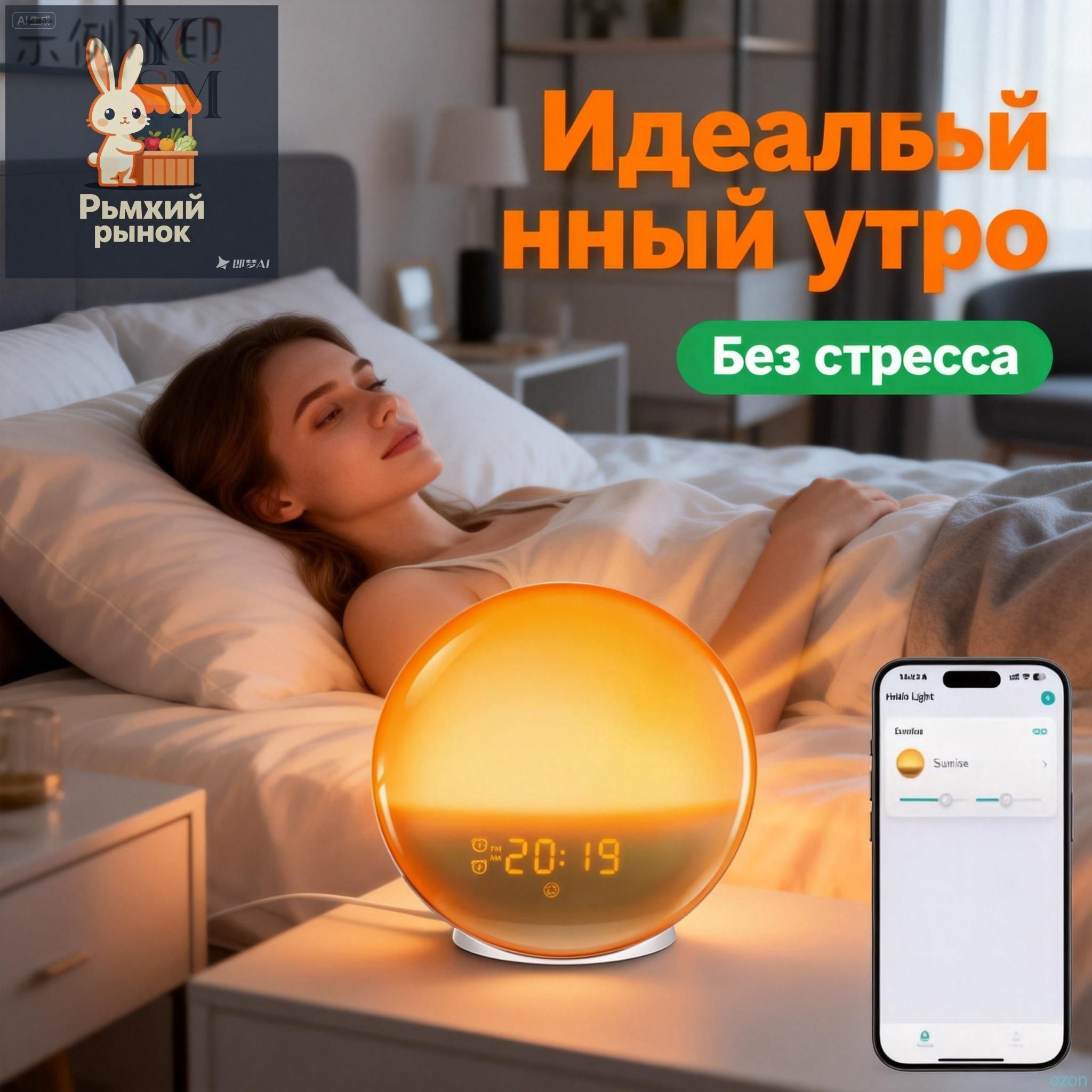 Лампа ночник/Имитируйте естественный свет восхода и захода солнца для пробуждения/Электронный будильник+Время