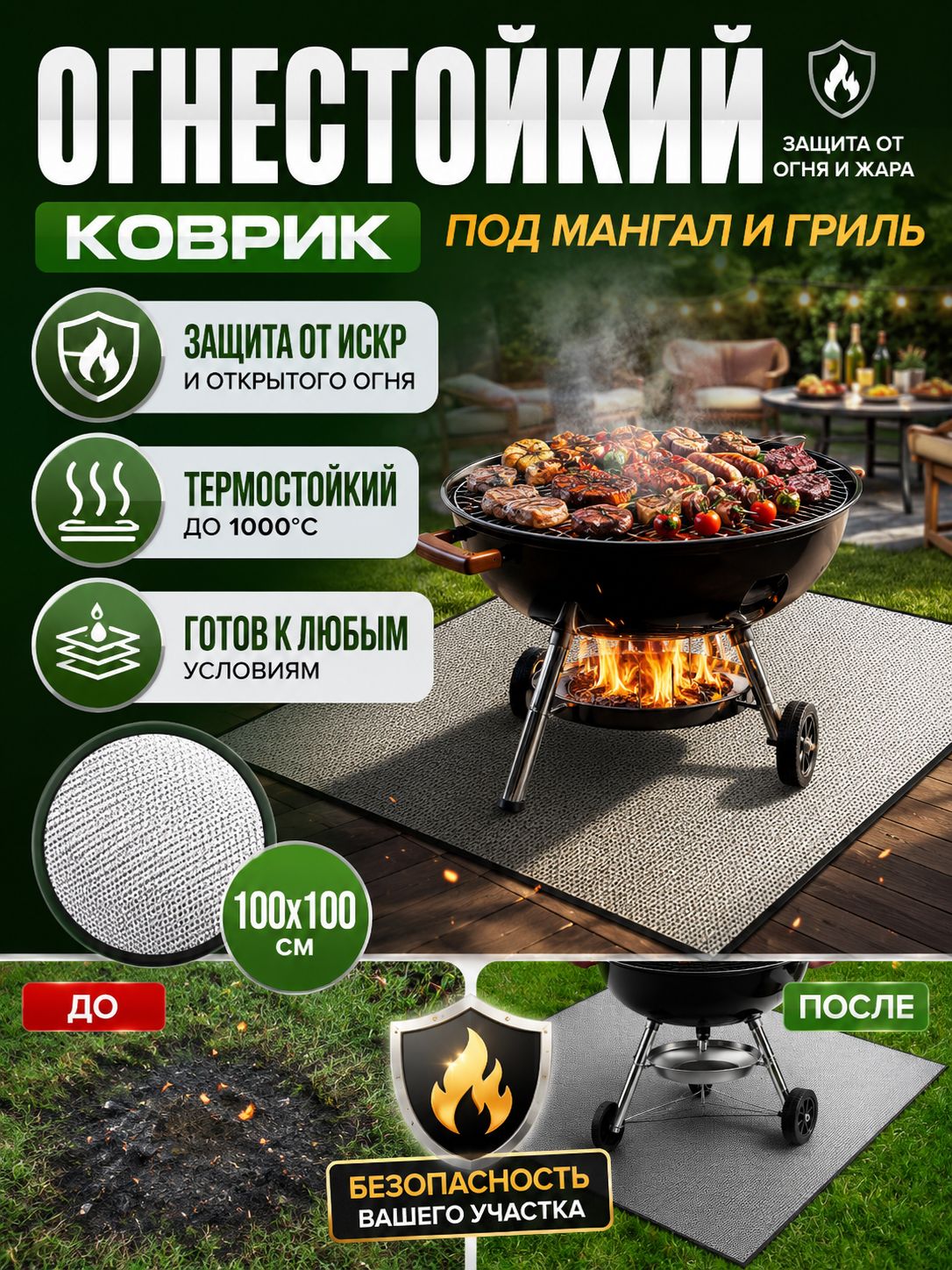 Огнестойкий коврик под мангал, защитный коврик для барбекю, защита газона и пола от жара и искр