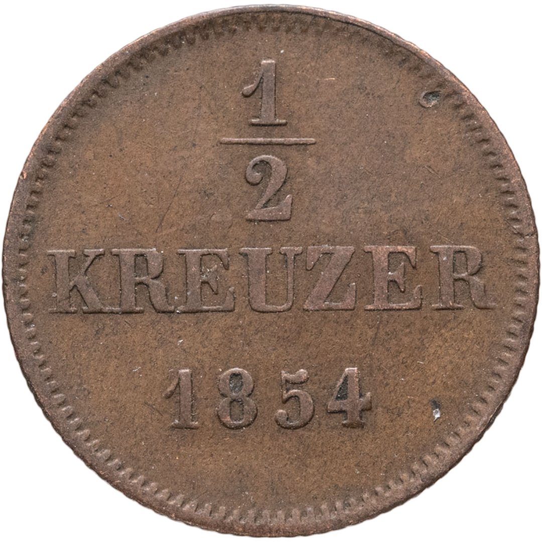 Германия, Бавария 1/2 крейцера 1854, Медь, в сохранности VF-XF