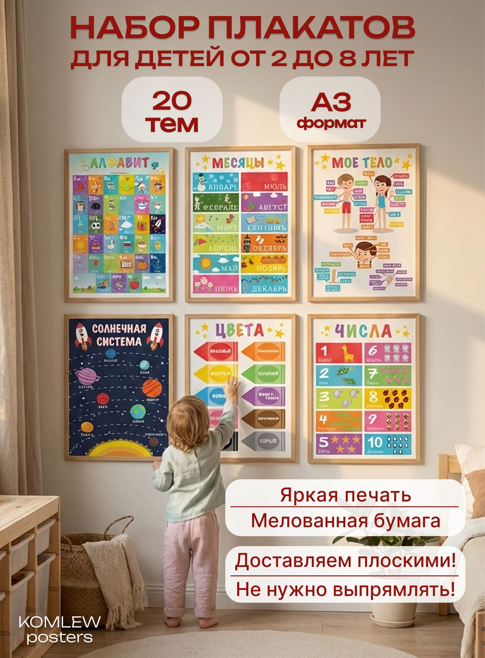 Набор обучающих плакатов для детей: алфавит, цифры, цвета, формы, транспорт, животные, спорт, космос, тело, эмоции, формат А3