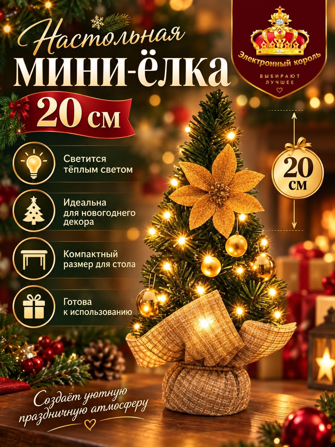 Елка искусственная 20.01 см пластик шишки на ветках, с украшениями настольная