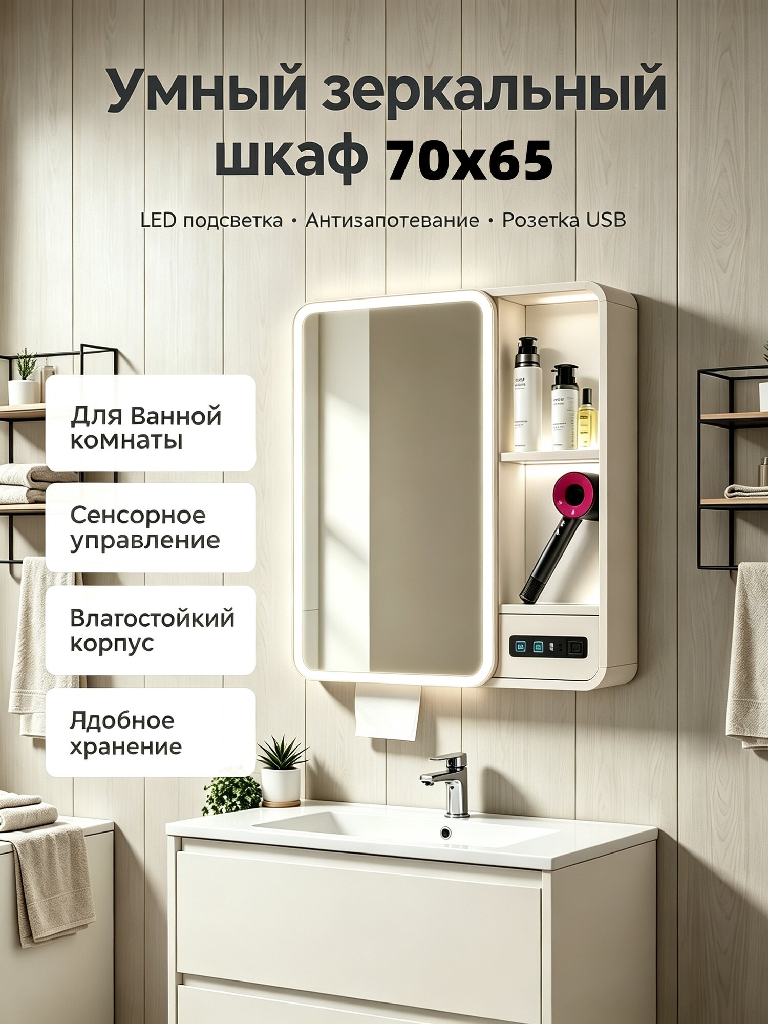 Умный зеркальный шкаф 70*65 см, LEDподсветка, антизапотевание, USBрозетка