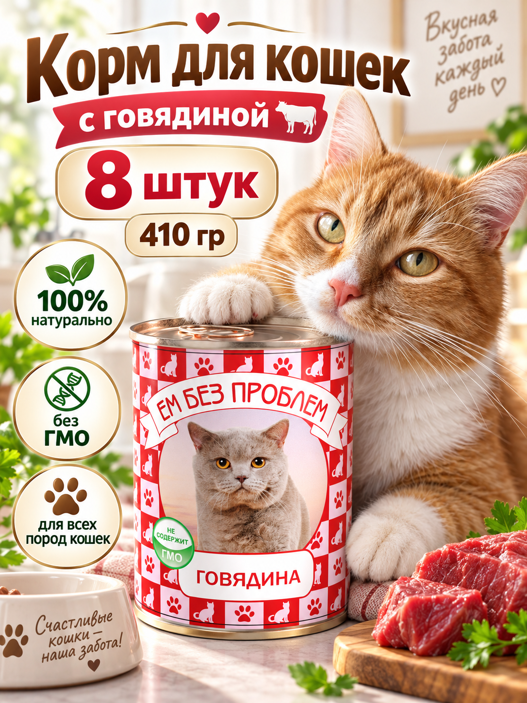 Влажный корм для кошек Ем Без Проблем Говядина, 8 шт х 410 г