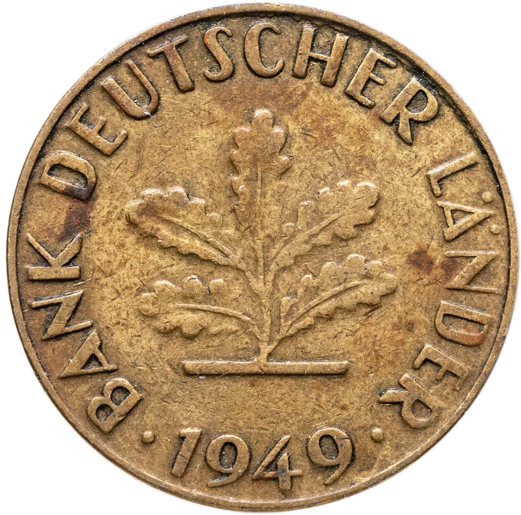 Германия 10 пфеннигов pfennig 1949 J знак монетного двора: "J" - Гамбург, Сталь, плакированная латунью, в сохранности VF-XF