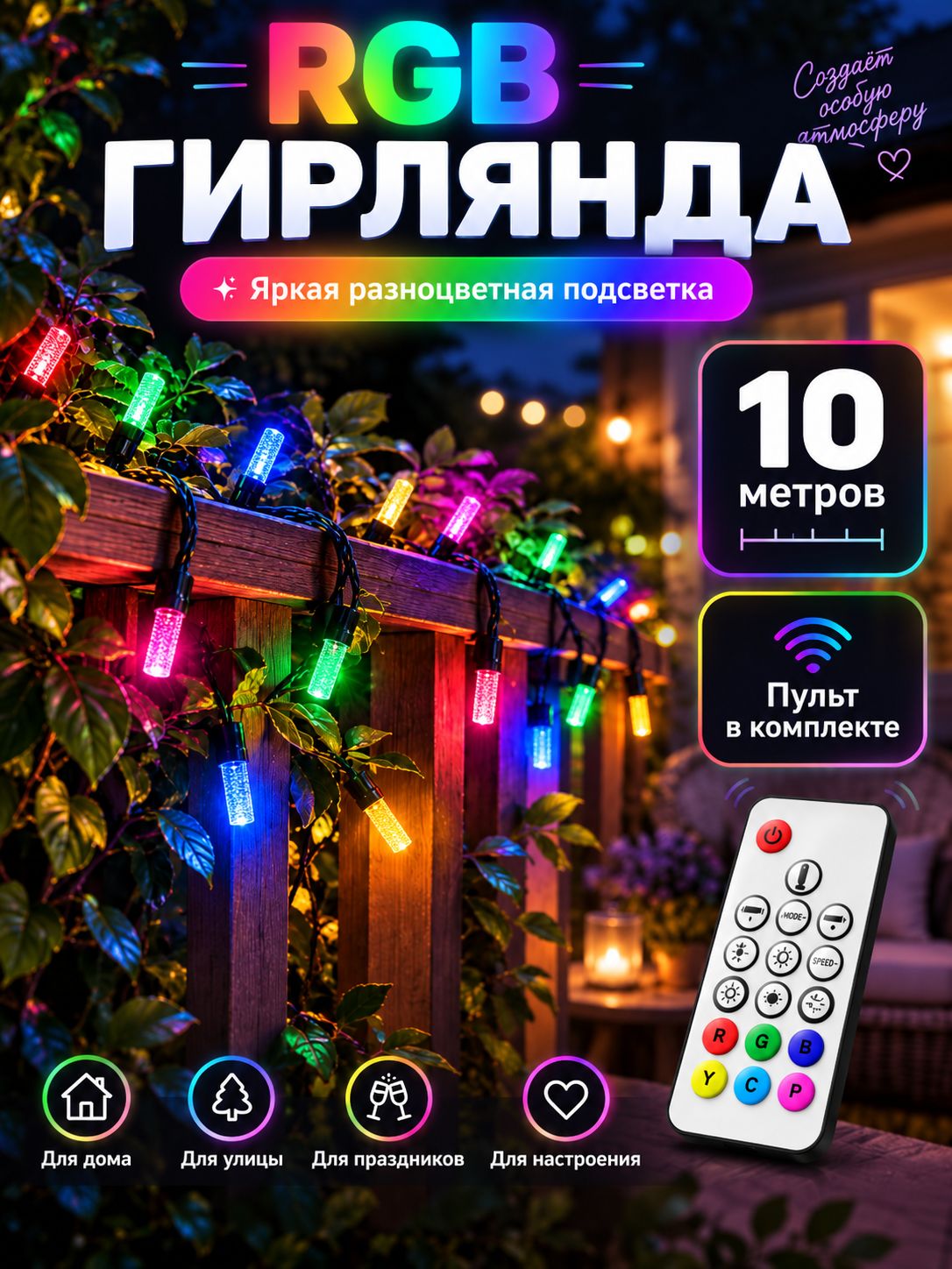 Электрогирлянда нить RGB 10 м DH100-1 с пультом для улицы и дома / Гирлянда светодиодная 25 режимов, питание от сети 220В, разноцветный