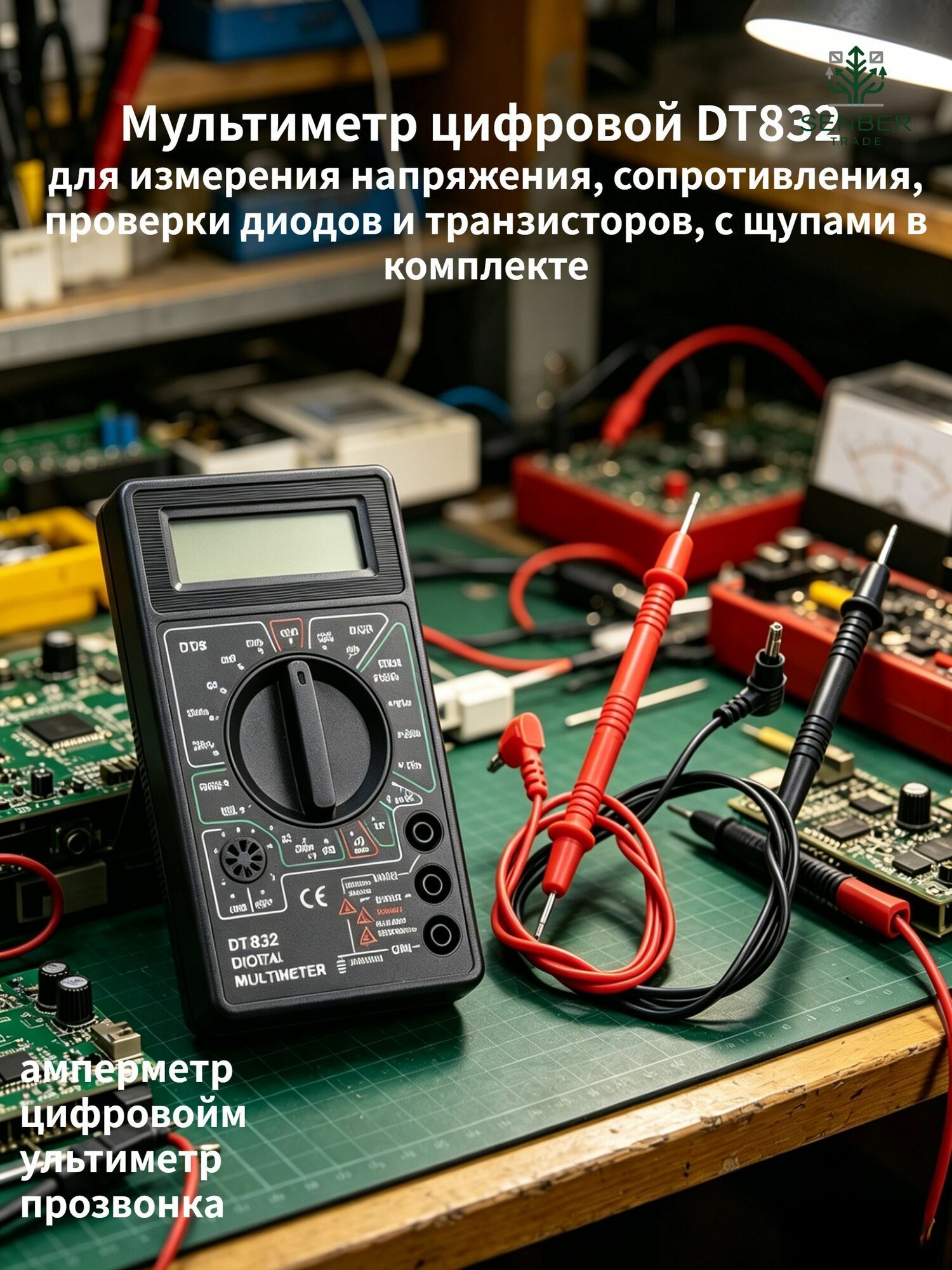 Калибр промышленный Цифровой мультиметр DT832, тестер напряжения, сопротивления, диодов, транзисторов, с щупами, черный
