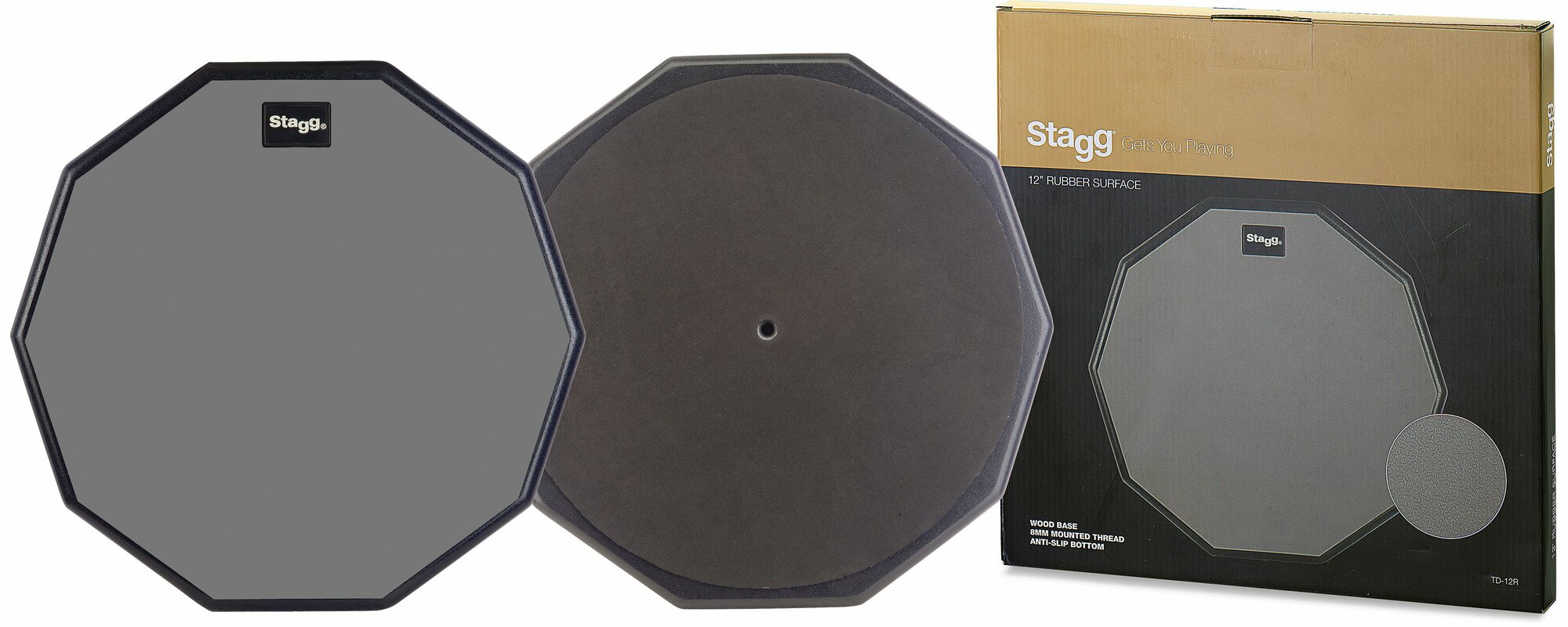 Пэд STAGG [TD-12R] настольный тренировочный, диаметр 12", форма 10-ти гранная, материал резина, основание дерево с антифрикционным покрытием EVA, отверстие для крепления на стойку 8 мм, вес 1,6 кг