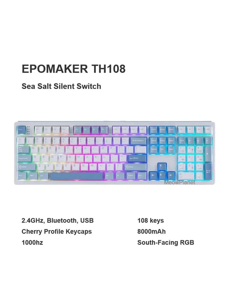 EPOMAKER Клавиатура беспроводная TH108, Sea Salt Silent Switch, Английская раскладка, белый, синий