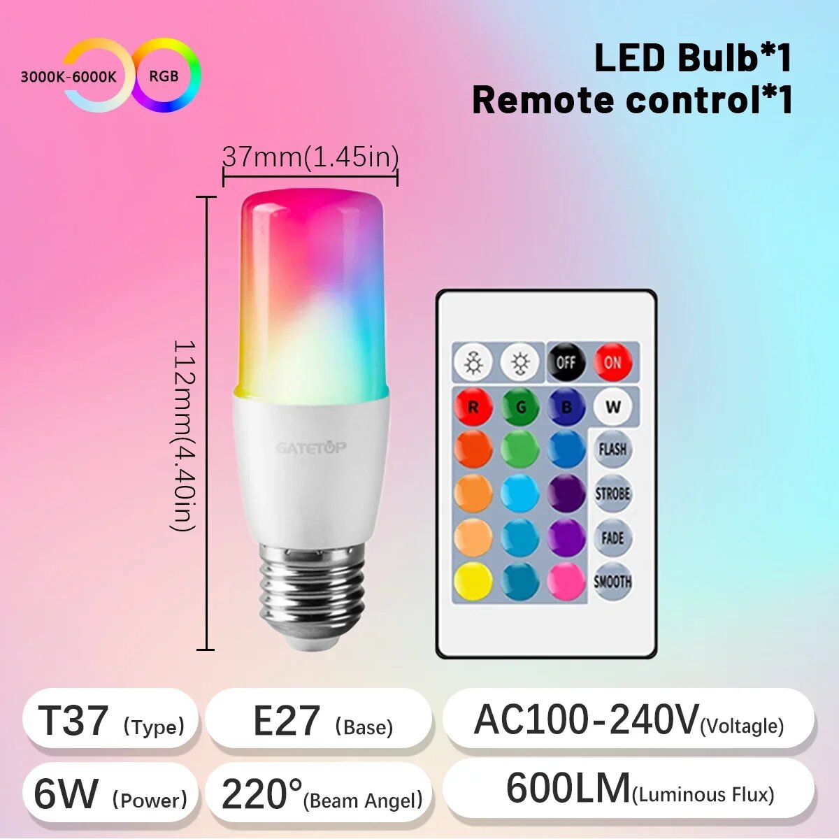 RGB-лампа E27 6Вт с пультом 24 кнопки 1pcs, RGB 6000K