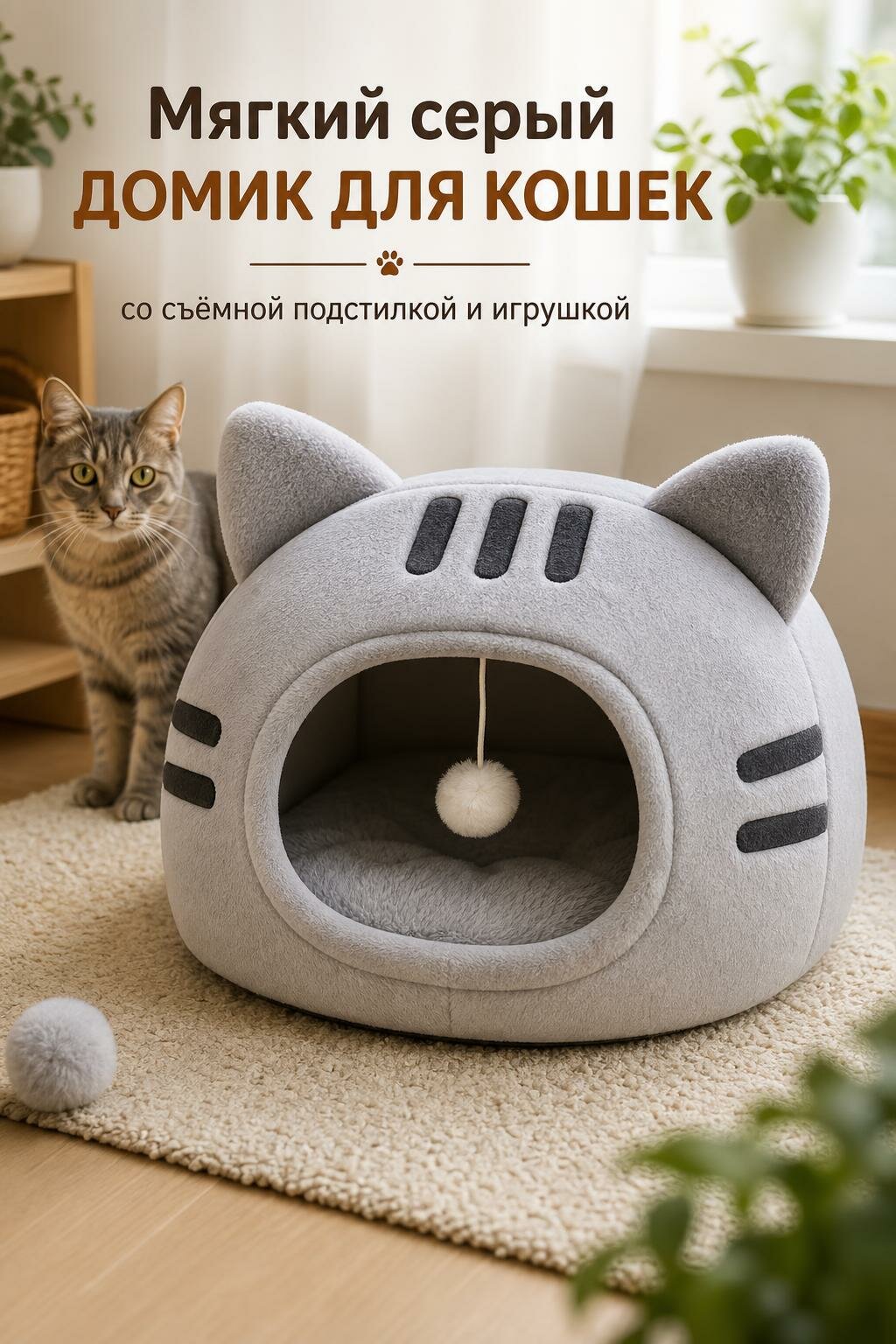 Мягкий серый домик для кошек 500×500×360 мм со съёмной подстилкой и игрушкой