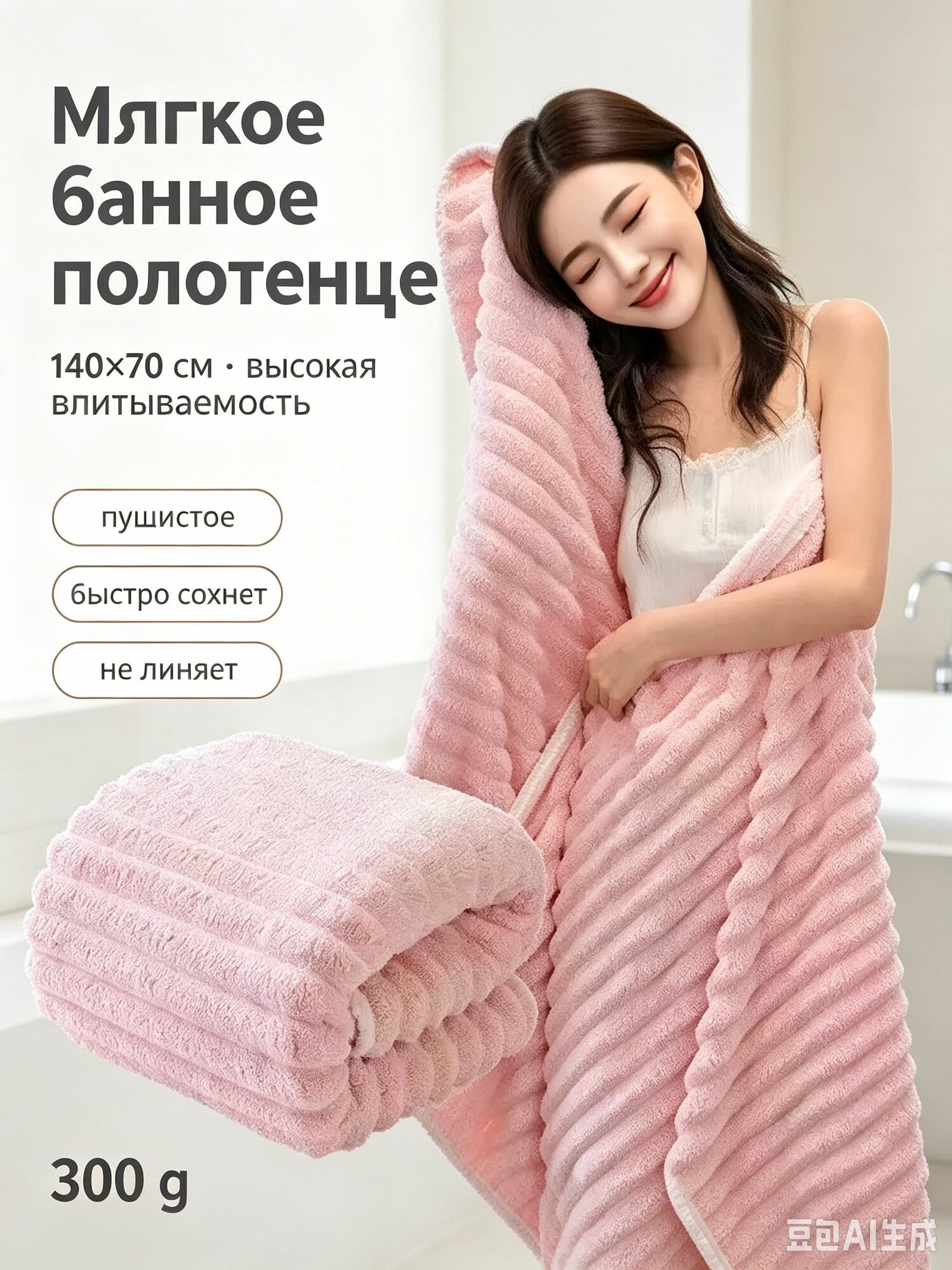 Полотенце банное 70x140 см, корал-флис, светло-розовый, 1 шт