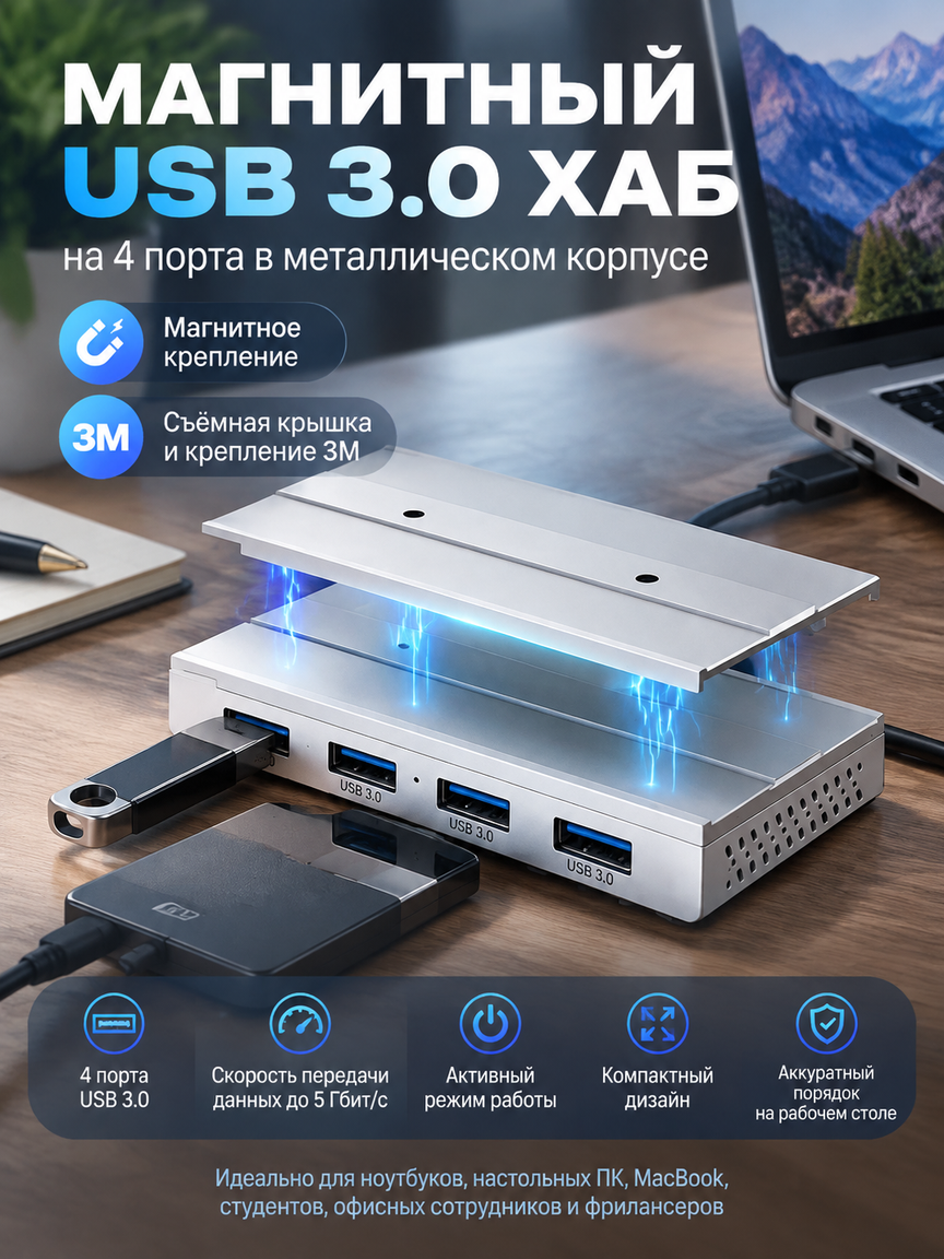 Магнитный хаб USB 3.0 на 4 порта в металлическом корпусе, съёмное крепление 3M, серебристый