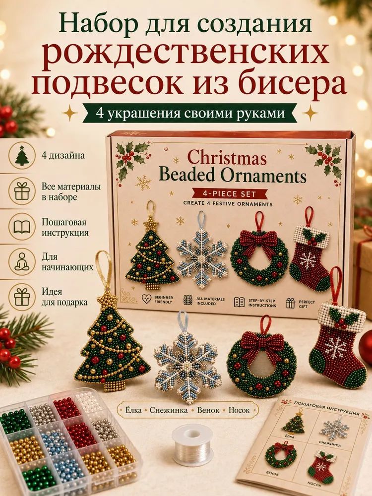 Набор для творчества из бисера, новогодние рождественские игрушки, 4 украшения, сделай сам
