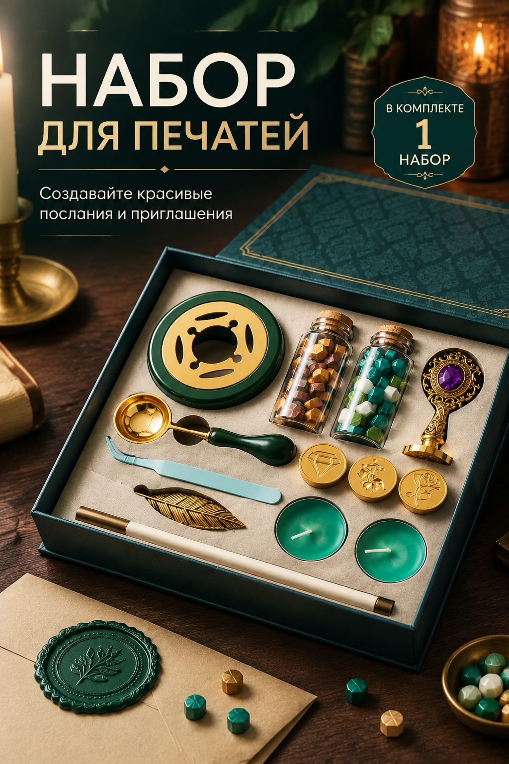 Зелёный комплект для сургучных оттисков с печатью, гранулами и 3 сменными насадками