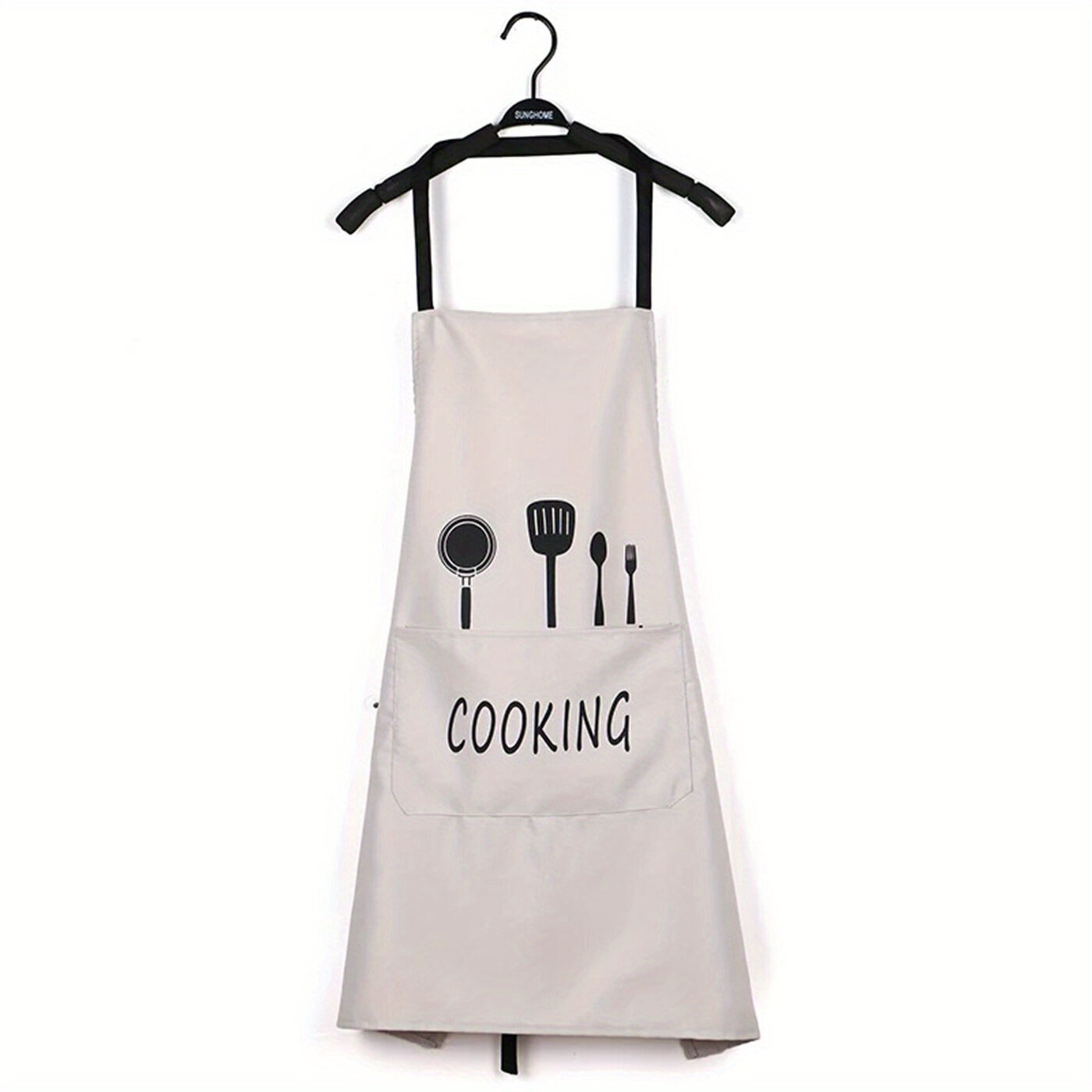 Фартук кухонный с карманами, 1 шт, белый цвет, размер 70x68 см, с принтом "COOKING" и рисунками кухонной утвари