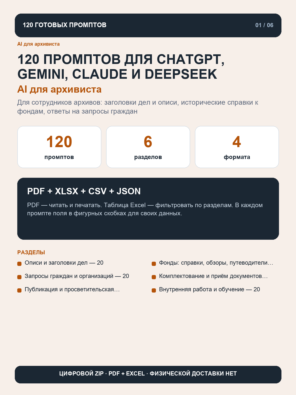 AI для архивиста: 120 промптов для ChatGPT, Gemini, Claude и DeepSeek, цифровой ZIP
