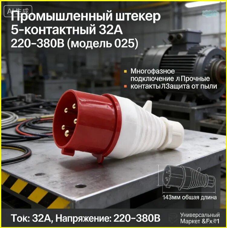 Промышленный штекер, 5-полюсный, 32 А, 220 380 В, с прочными контактами, подходит для многофазного оборудования в промышленности и на строительных площадках.