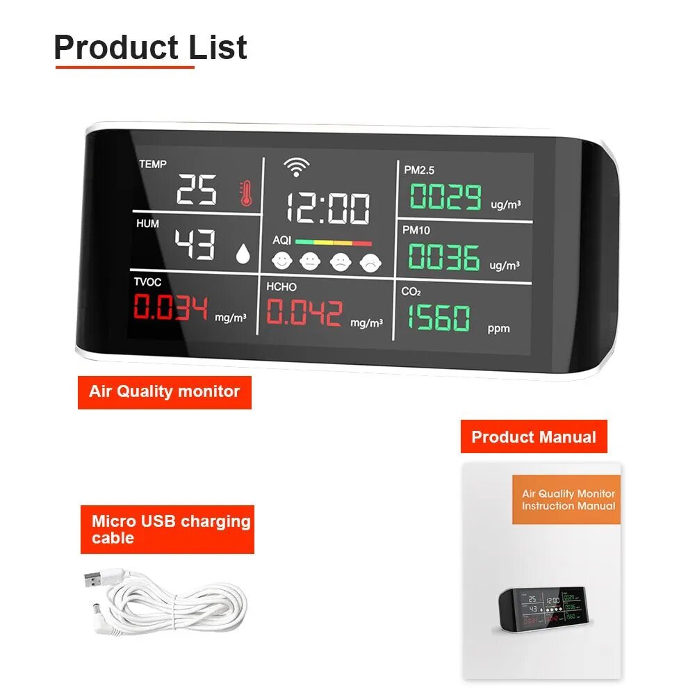 Монитор качества воздуха Graffiti DM69-WIFI 9-в-1 (CO2, PM2.5, PM10, AQL, HCHO (формальдегид), TVOC, температура, влажность, часы)