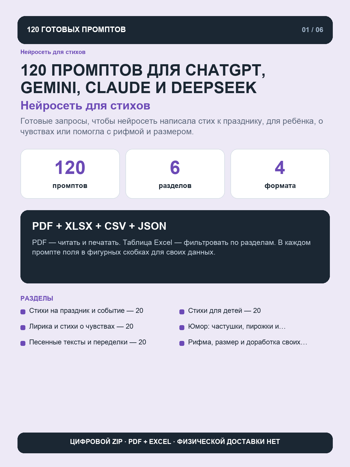 Нейросеть для стихов: 120 промптов для рифм, стихов на праздник и песенных текстов, цифровой ZIP PDF Excel