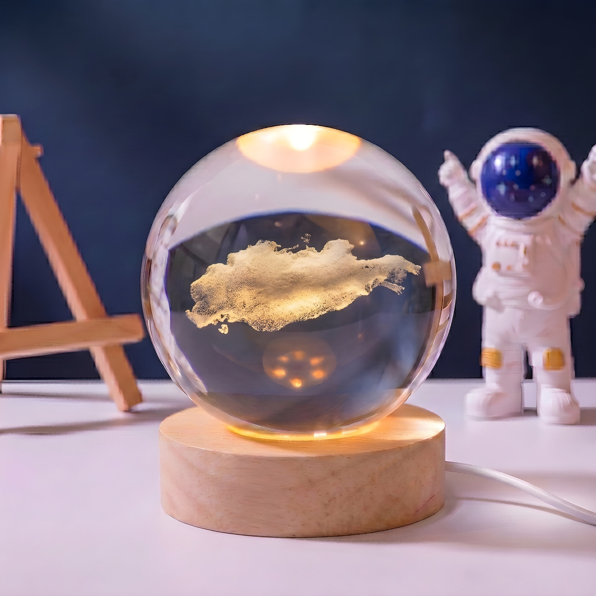 3D Хрустальный Шар Ночник 6см, Узор Облака, Сфера Из Стекла, Настольный Светильник, С Теплой Подставкой