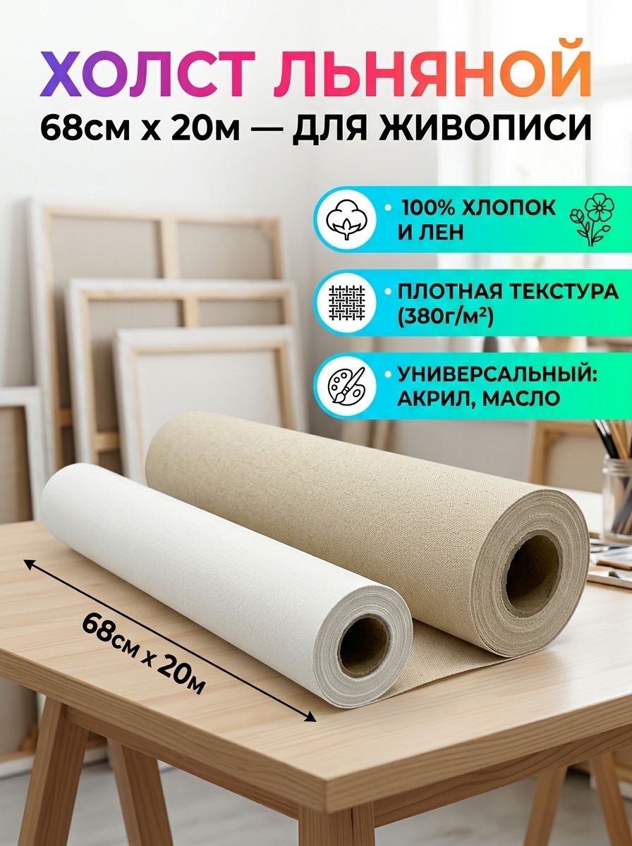 Холст из чистого хлопка и льна, уплотнённый, фактурное зерно, для масляной и акриловой живописи, рулонная упаковка, на заказ любого размера