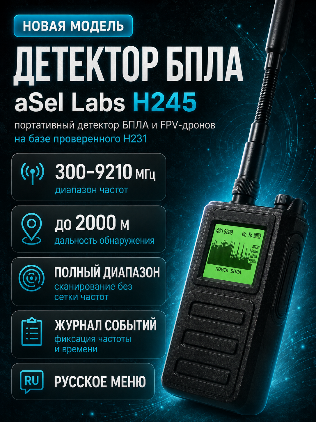 Детектор дронов и БПЛА aSel Labs H245, FPV, до 9210 МГц, оповещатель