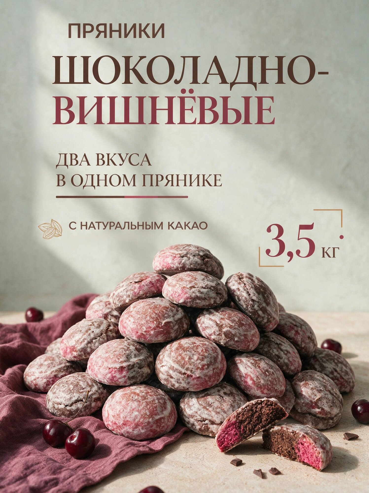 Пряники шоколадно-вишневые Остров Изобилия сырцовые 3,5 кг с натуральным какао