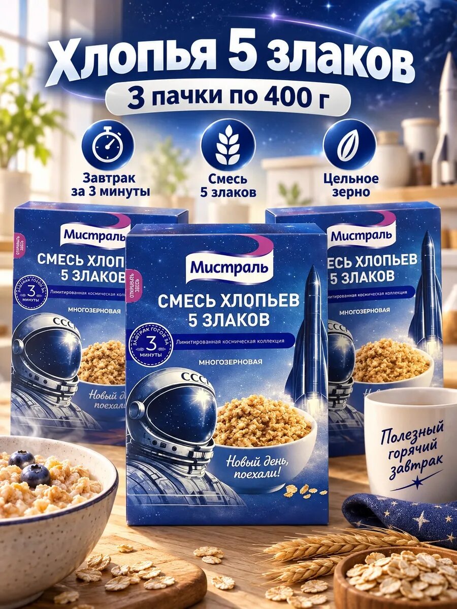Хлопья 3 пачки по 400 грамм смесь 5 злаков
