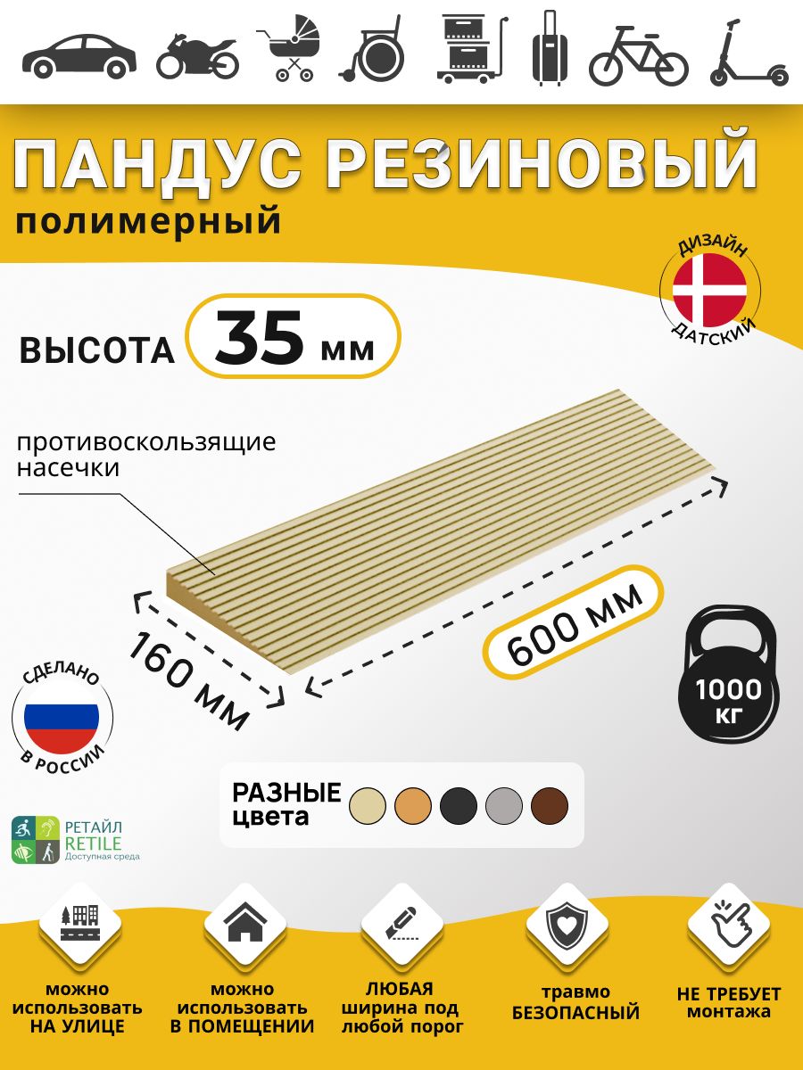 Пандус резиновый рубеж для порогов высотой 3,5 см (35х600х200 мм), бежевый, для колясок, склада и автомобилей