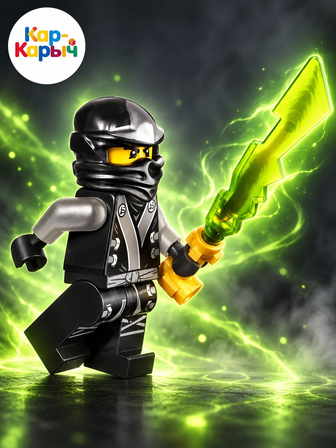 Фигурка ниндзя в зелёном кимоно с золотыми мечами совместимая с LEGO