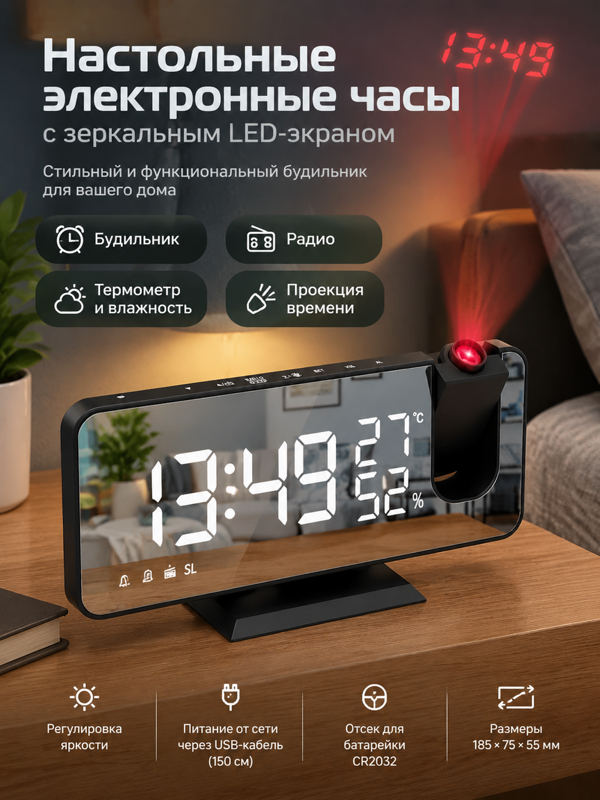 Настольные электронные часы с зеркальным LED-экраном, радио, будильником, термометром и проекцией