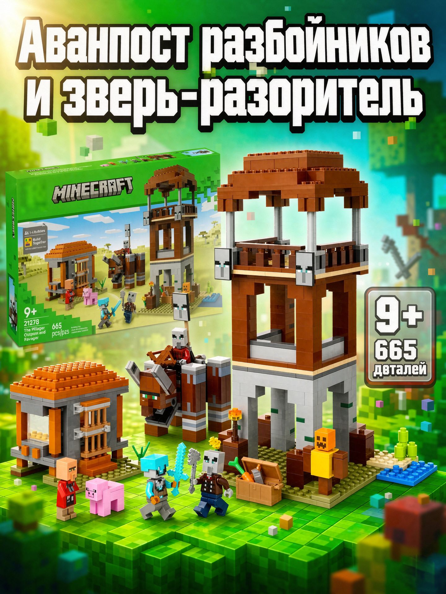Конструктор Minecraft Аванпост разбойников и зверь-разоритель совместимый с LEGO 21278, 665 деталей