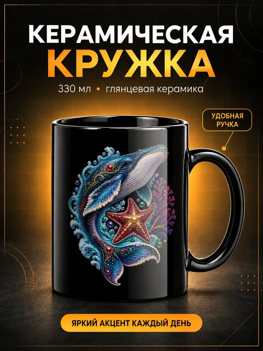 Кружка керамическая TOP CUP, Кит и зимняя звезда, чёрная, 330 мл
