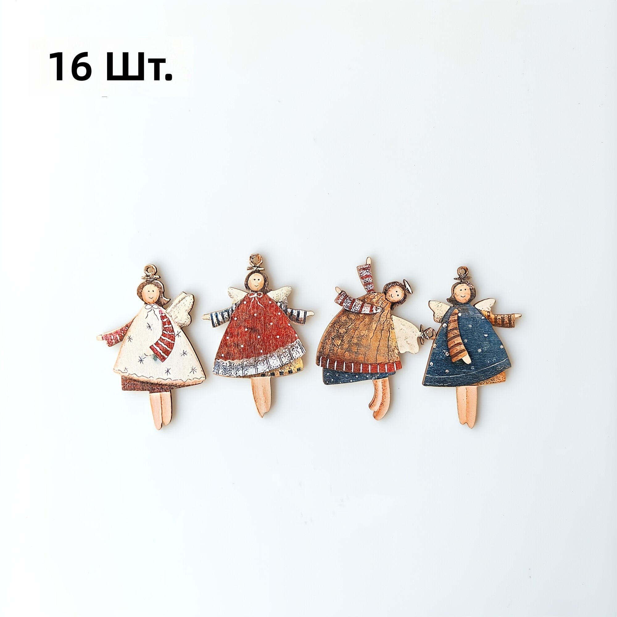 Плоские подвески-ангелы 2D из искусственного дерева в ретро стиле, набор из 16 шт. с узором и шнурком для украшения ёлки, дома и офиса