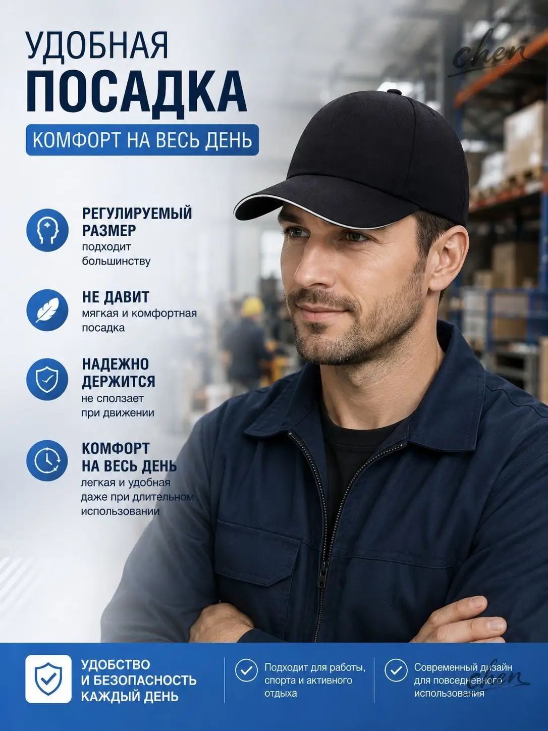 Защитная кепка-каскетка с -вкладышем, регулируемая, для работы и склада