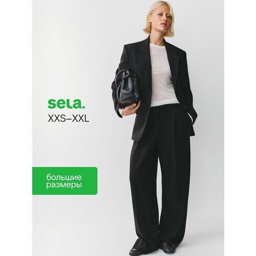 фото Брюки sela широкие из костюмной ткани, размер 46, черный