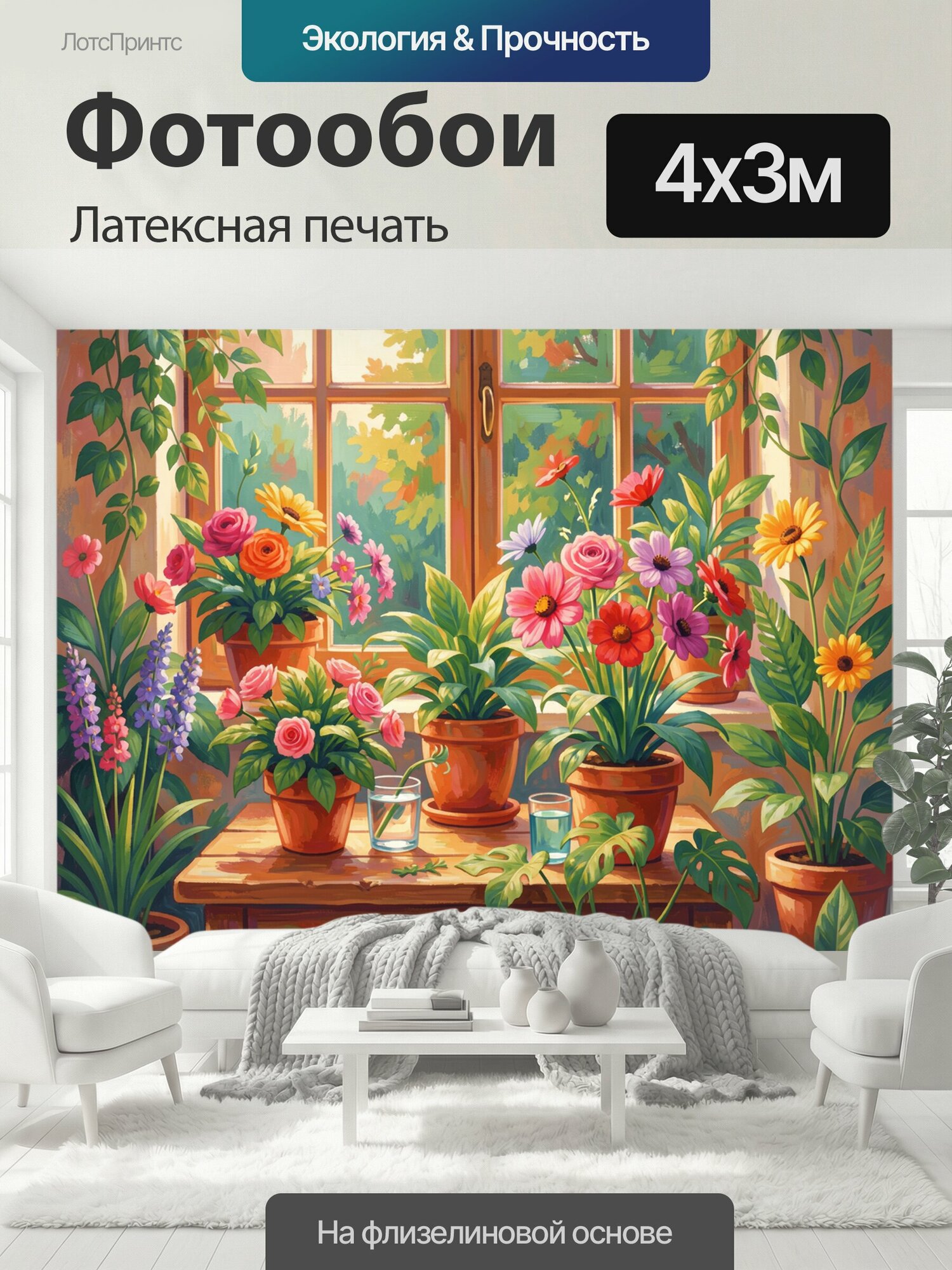 Фотообои моющиеся ударопрочные "Цветочная композиция у окна. Яркий букет и комнатные растения в терракотовых горшках на подоконнике, солнечный." 400x300 см. латексная печать
