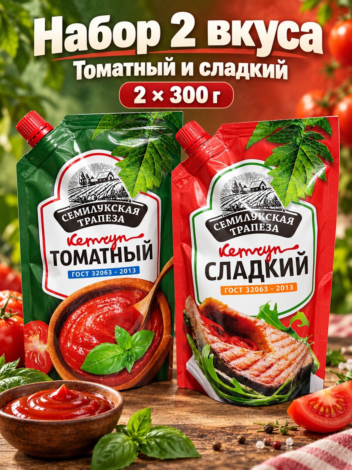 Набор кетчупов Семилукская трапеза Томатный и сладкий, 2 вкуса по 300 г: томатный, сладкий, кетчупы к мясу, шашлыку, пасте и пицце в одном заказе