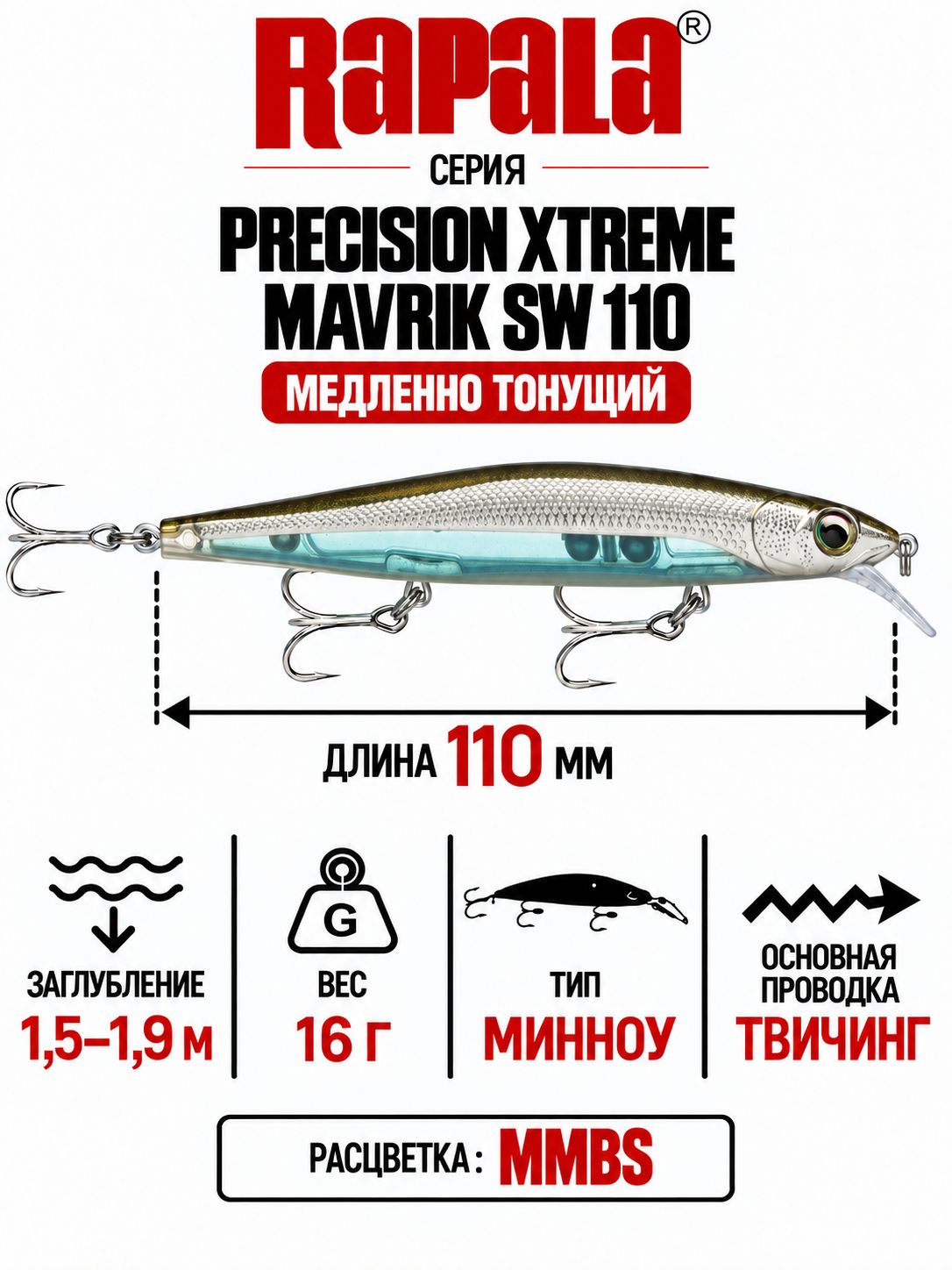 Воблер RAPALA Precision Xtreme Mavrik Sw 110 MMBS медленно тонущий 1,5-1,9м, 11см, 16гр