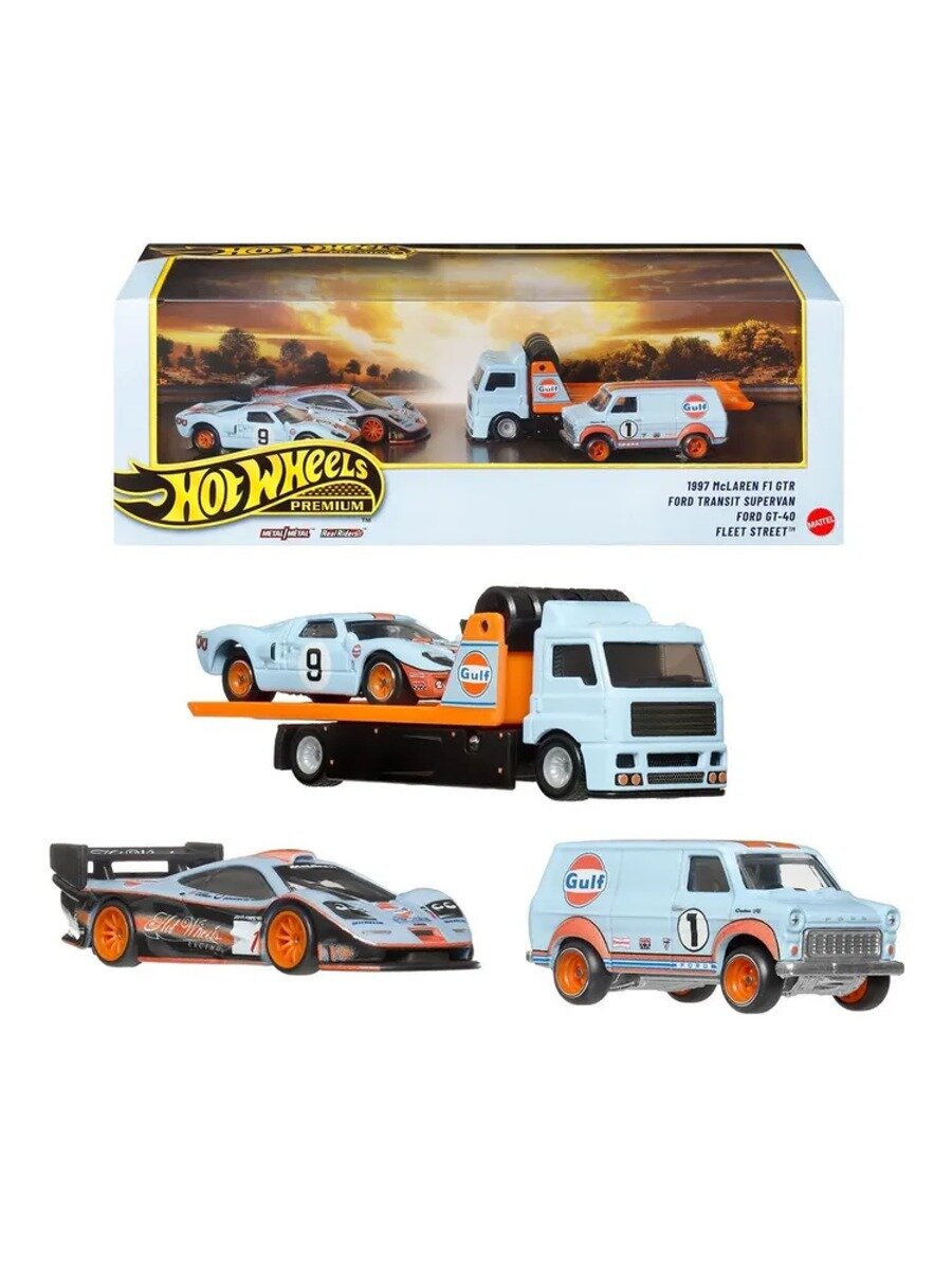 Фигурка MATTEL Toys Автомобильная культура Gulf Oil Garage Set Модель легкосплавного автомобиля McLaren F1 Ford GT40
