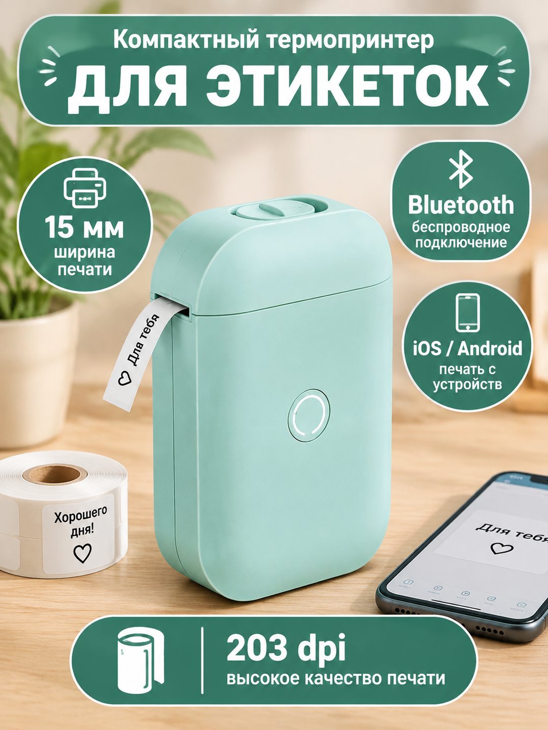 Компактный термопринтер для этикеток 15 мм, Bluetooth, зелёный, 203 dpi
